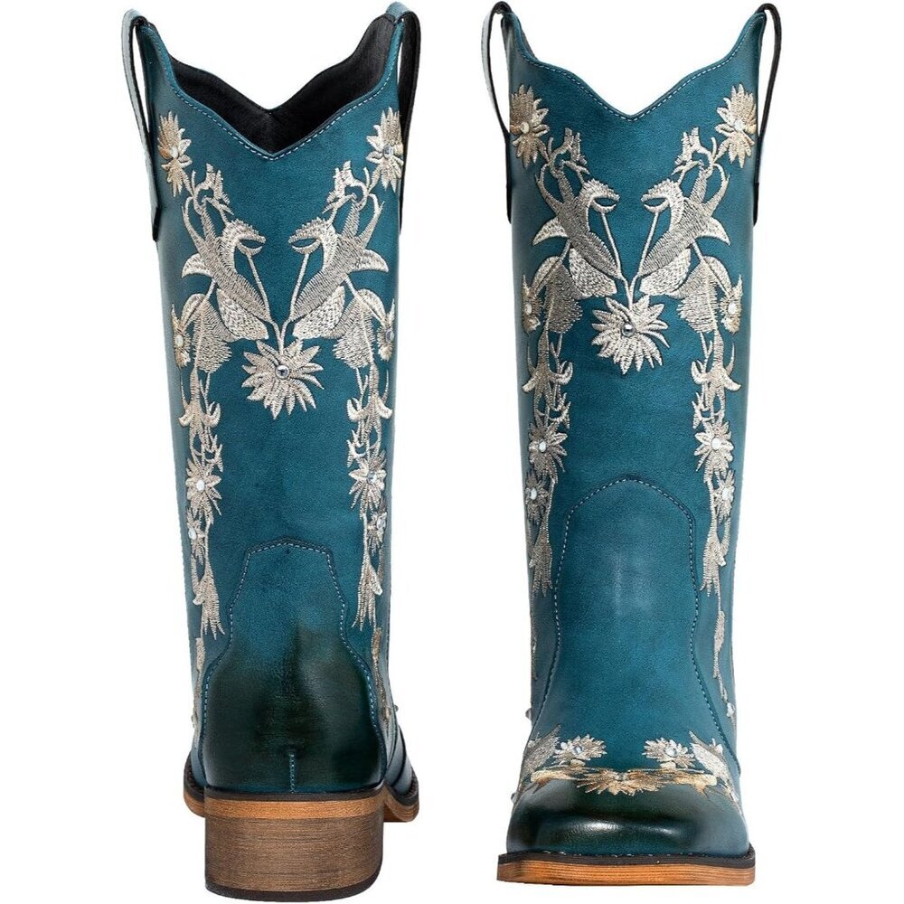 ⚡Women's Blue Floral Rhinestones Square Toe Cowboy Boots Western Wide Calf - Picture 4 of 8